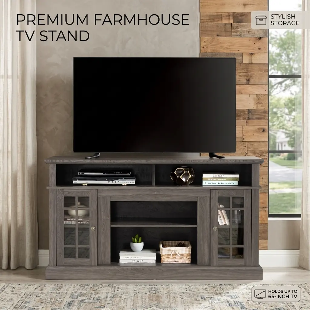 littleox Classic TV Media Stand Modern Entertainment Console for TV Up to 65" with Open and Closed Storage Space, Dark Walnut/Black, 58.25"W*15.75"D*32"H