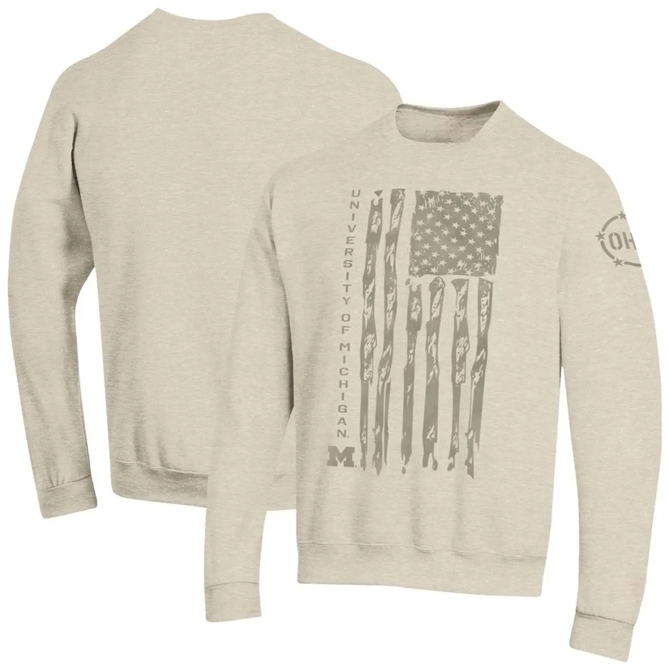 Michigan Wolverines Operation Hat Trick Flag Fleece Crewneck Sweatshirt - Oatmeal Vintage Graphic T-Shirt, Oversized Streetwear Tee, Premium Cotton Short Sleeve Top, Retro Y2K Casual Unisex Shirt for Men & Women
