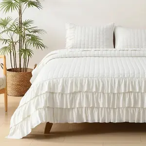 Ruffled Quilt Set  Size, Classic Geometric Square Stitched , Pre-Washed Farmhouse Shabby Chic Microfiber Lightweight Bedding Set Bedspread Coverlet for  Season