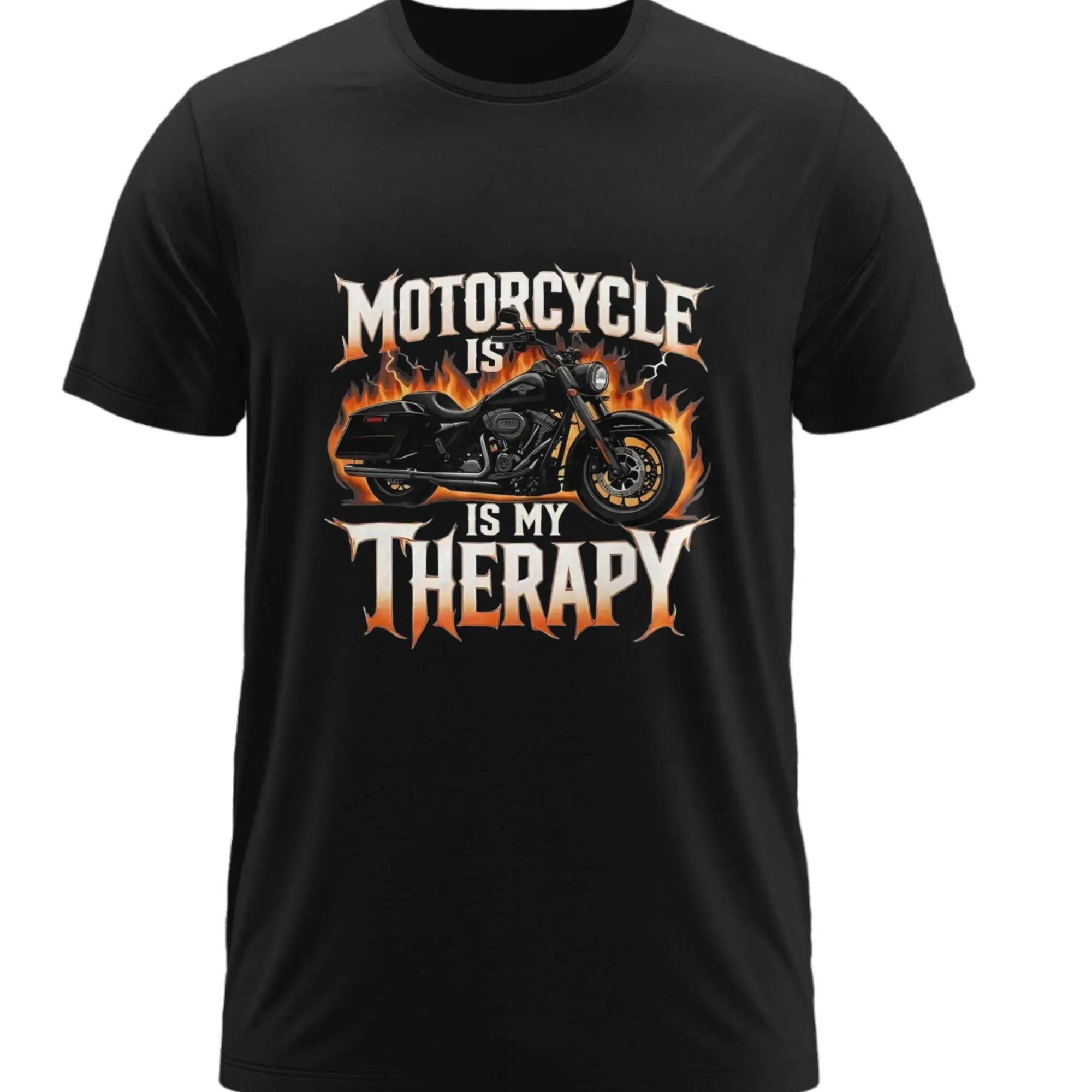 Black Motorcycle Is My Therapy Graphic Design For Bikers And Motorbike Enthusiasts T-Shirt - 100% Cotton Unisex Loose Short Sleeve Ultra Soft Breathable Perfect For Daily Wear