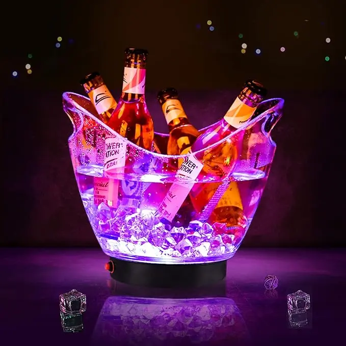 LED Ice Buckets 5L Clear PS+ABS Plastic ice Bucket RGB Colors Changing LED Cooler Bucket, Power by 2 AA Batteries, Multi Colors Changing for Party/Home Drink Kitchen