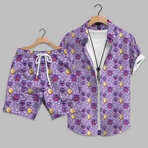 Men's Short-Sleeve Casual Magikarp Hawaiian Shirt - Funny Cartoon Fish Button-Up, Anime-Inspired Tropical Fabric Shirt, Summer Vacation Gift for Anime Fans