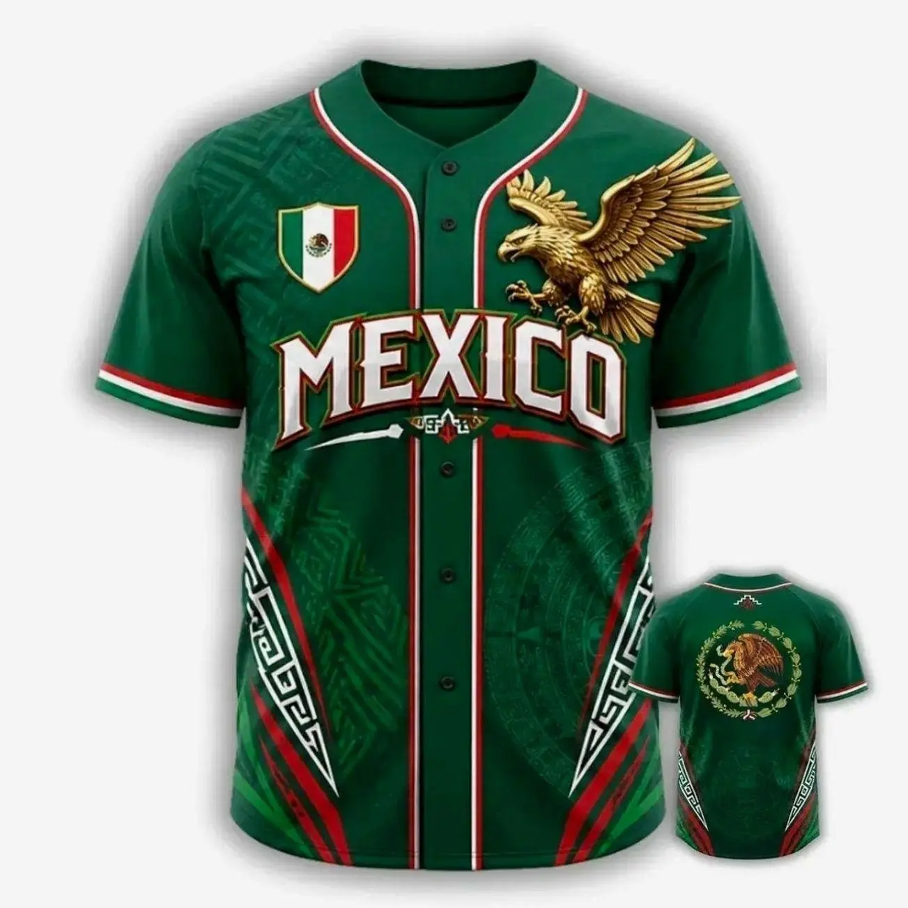 Mexico Baseball Jersey, Aztec Eagle Shirt,featuring a golden eagle and national flag design. Suitable for summer wear. It is the perfect gift for baseball fans and patriots. N7X 44L CXI