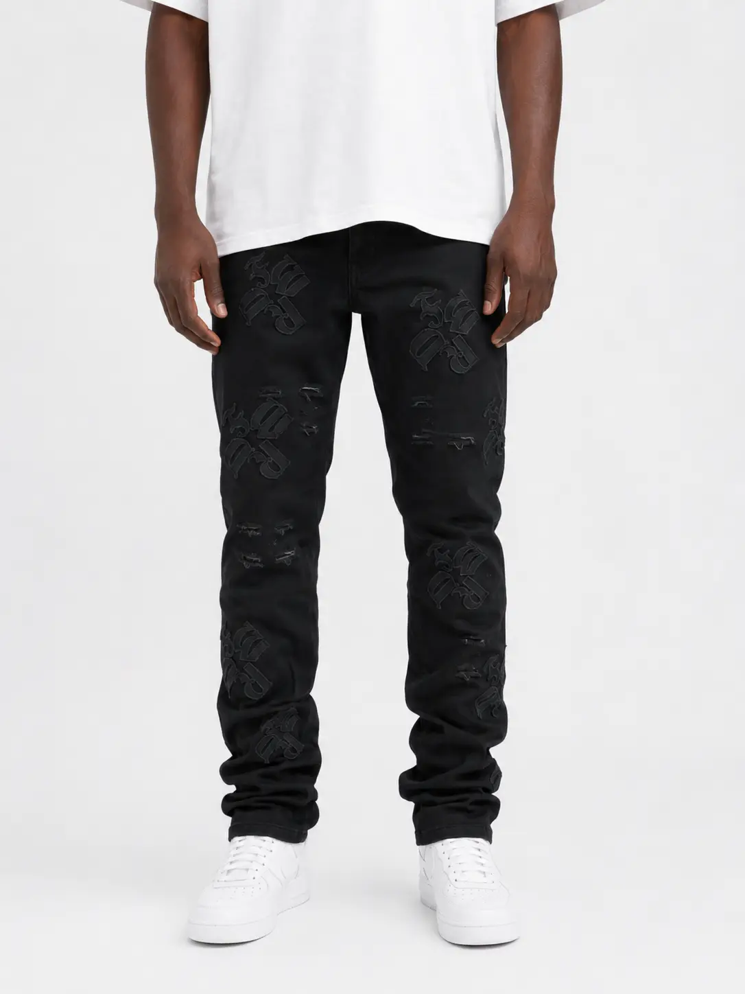 Men's Embroidered Cotton Pants, FWRD 'EMB' Stacked Denim Garment (Jet Black, FW-330068A), Menswear, Elastane, Stacked Cut, True Size, Casual, Follow Washing Instructions, Jeans