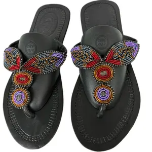 SAND GEAR Handcrafted Beaded Black Sandals With Floral Design & Colorful Beads Women's Footwear