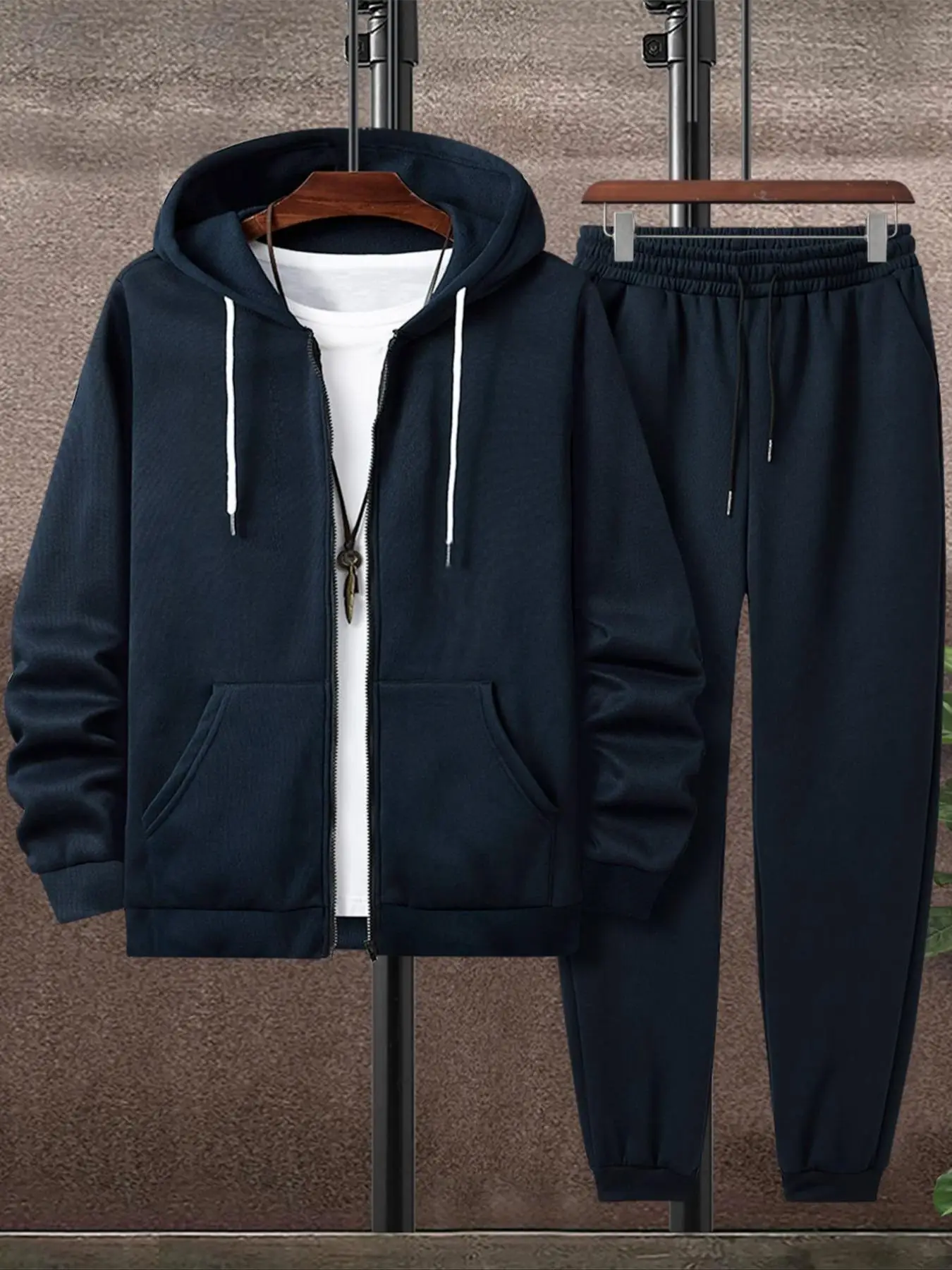 Two-Piece Set Men's Solid Thermal Lined Zip Up Hoodie & Drawstring Waist Pants Co-ord Set, Outfits for School, Long Sleeve Hooded Sweatshirt & Jogger