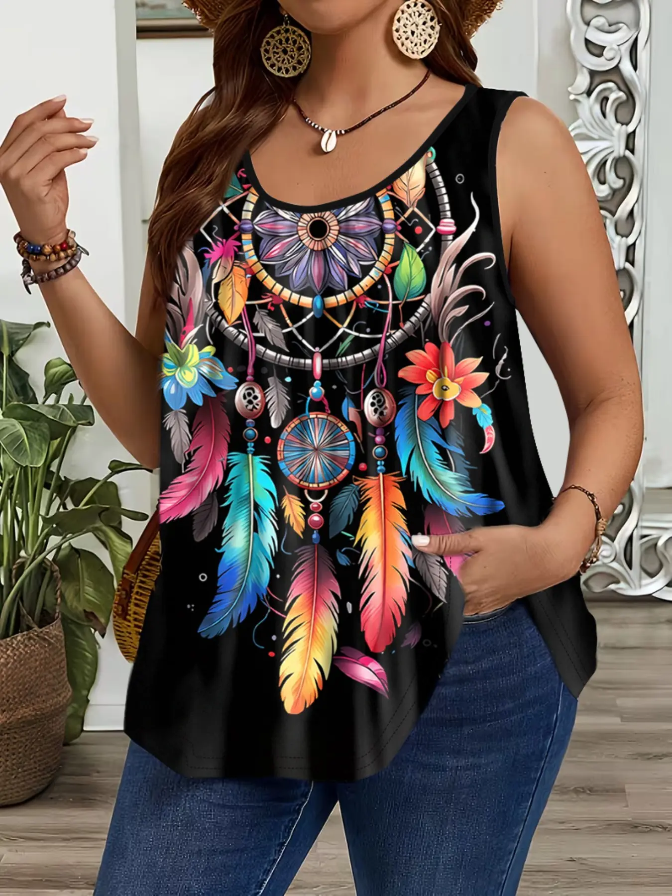 Plus Size Digital Print Versatile Casual Sleeveless Round Neck Tank Top, Comfortable and Stylish, Perfect for Daily Wear