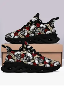 Women's Wide Fit Skull Rose Original Design Casual Sneakers, Personalized Unique Punk Street Style for Freedom and Faith , Lightweight Breathable Mesh and Sports Non-Slip Durable Sole, Perfect for Outdoor Activities and Everyday Wear Sports Shoes