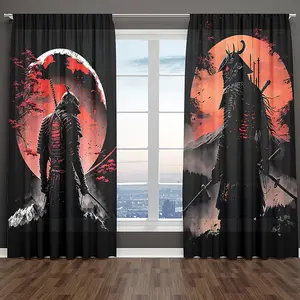 2 pieces, Japanese Samurai Fighting Ink Painting, Pocket Rod Mount, Digital Printed Curtain, Polyester Semi-transparent Material Thinner, Suitable for Living Room, Kitchen, Bedroom, Study, Dining Room, Gate Hall, Home Decoration