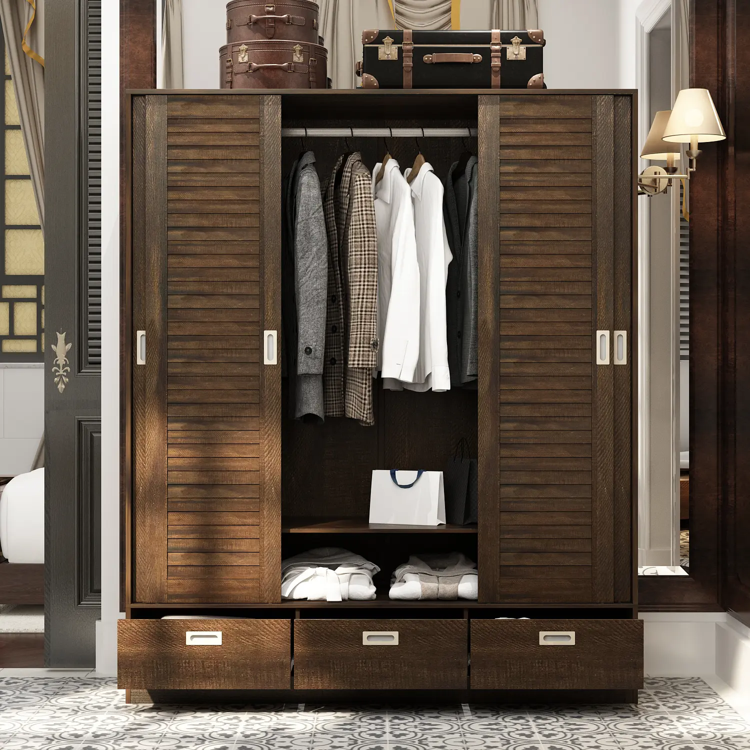 FUFU&GAGA Large Wooden Wardrobe Armoire - 4 Sliding Doors, 3 Drawers, Storage Shelves - 5 - 10 Kg Capacity Closet Cabinet for Bedroom, Small Room Ideas, School, Hospital Bedding Storage, Closet Storage