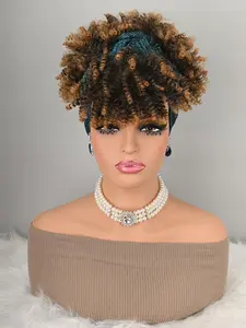 Ombre Curly Afro Wigs with Glitter Headwrap, Synthetic Hair, Medium Length, Easy Wear Turban Style, All Seasons