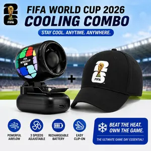 FIFA 2026 World Cup Cooling Combo, Clip-On Mini Fan + Baseball Cap Set, Adjustable Speed Rechargeable Fan with Official Collectible Hat, All-in-One Cooling Kit for Soccer Fans & Stadium Events