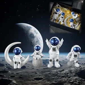 4-piece Blue and White Astronaut Statue Set Small Sculpture Ornaments Outer Space-themed Decorations for Room Embellishment