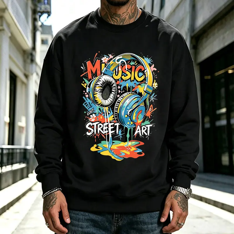 Men’s crewneck sweatshirt with hip-hop ink splatter graffiti print, high-street trendy casual style, versatile heavyweight pullover