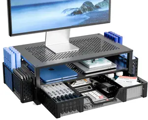 Simple Trending 2 Tier Metal Monitor Stand Monitor and  with Drawer and Pen Holder, Computer Desk Organizer for Laptop, Computer, iMac, Black