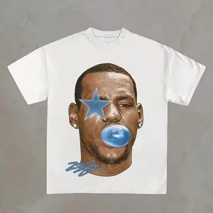 Y2K LeBron James Blue Bubble Gum Star Portrait Graphic Tee 180g Heavyweight 100% Pure Cotton Acid Vintage Washed Unisex Casual Versatile Short Sleeve Top Spring Summer Daily Outfit Ideal 4th Of July Fashion Graphic T Shirt For Men Women