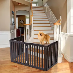 ZENY 4 Panels Folding Pet Dog Gate 24" Height Pet Fence Barrier Doorway Stairs Wooden Brown