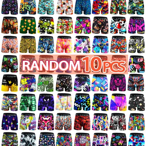 KJFISTMU Men's Chic Boxer Briefs - 10 Pcs Random Bold Street Graphic Anime Print, Loose Comfy Fit, Elastic Waistband, Soft Fabric, Ideal for Home & Sports