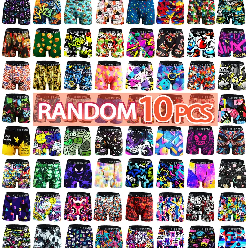 KJFISTMU Men's Chic Boxer Briefs - 10 Pcs Random Bold Street Graphic Anime Print, Loose Comfy Fit, Elastic Waistband, Soft Fabric, Ideal for Home & Sports