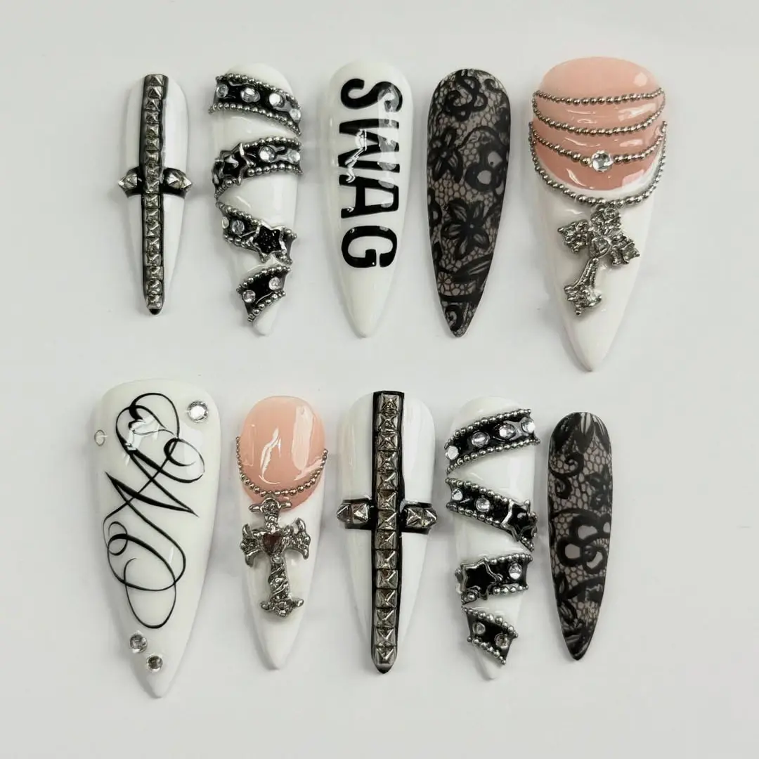 Black White Gothic Cross Spike Press On Nails Handmade 3D Churchcore Streetwear Luxury Long Set