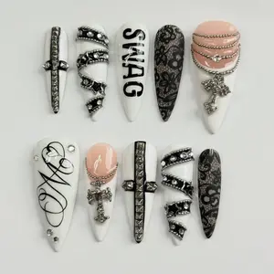 Black White Gothic Cross Spike Press On Nails Handmade 3D Churchcore Streetwear Luxury Long Set
