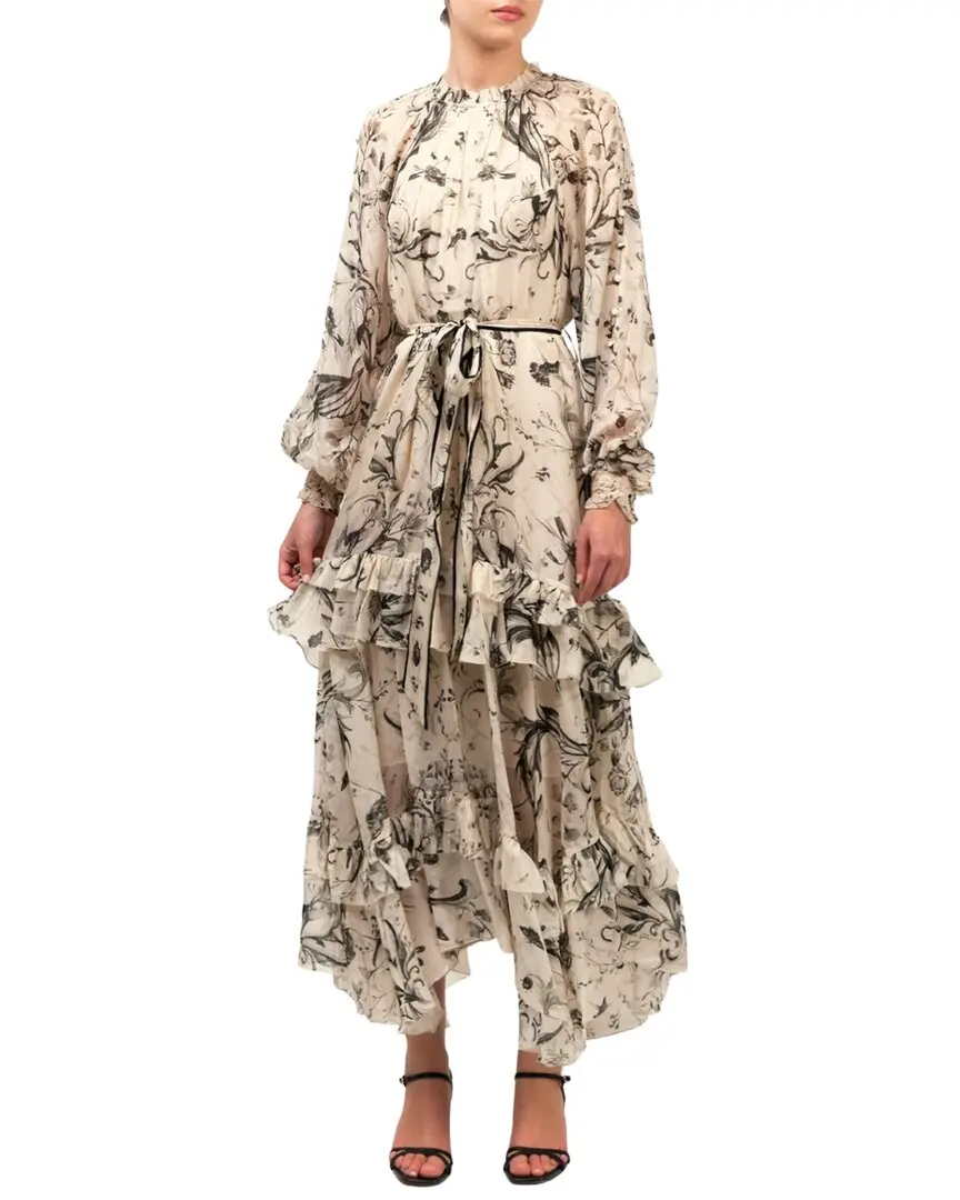 Marchesa Notte Ruffle Silk Chiffon Maxi Dress