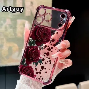 Phone Case for iPhone 17 Pro Max 16 15 Plus Air 14 13 12 11 E Blooming Ruby Roses Pattern Four-corner Thickened Anti-drop Protective Silicone Cover Gift
