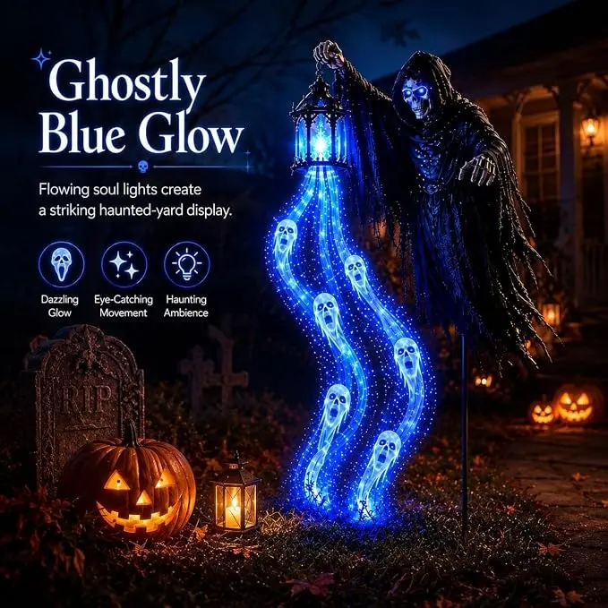 Halloween Outdoor Glowing Skeletal Ghost Yard Decoration Lights - Blue LED Hanging Lanterns, Skull Ornaments, Waterproof Horror Themed Gifts, Spooky Haunted Props for Lawns, Gardens, Porches, Halloween Parties