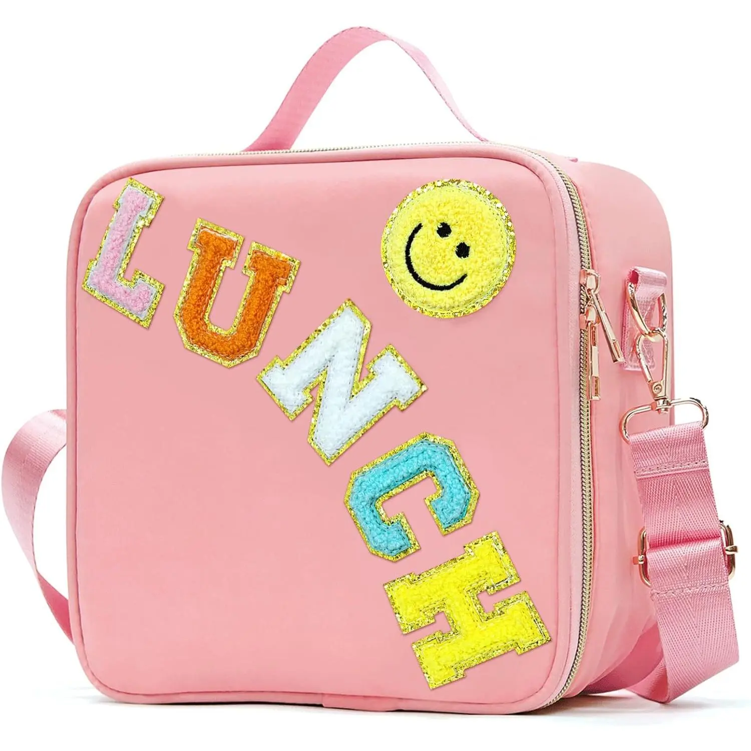 L-CPB007  Insulated Lunch Bag Women Lunch Box Kids for Teen Girls Boys, Cute Preppy Lunch Boxes With Adjustable Shoulder Strap, Waterproof Nylon Lunchbox Lunch Bags for School Work Picnic (Light Pink)