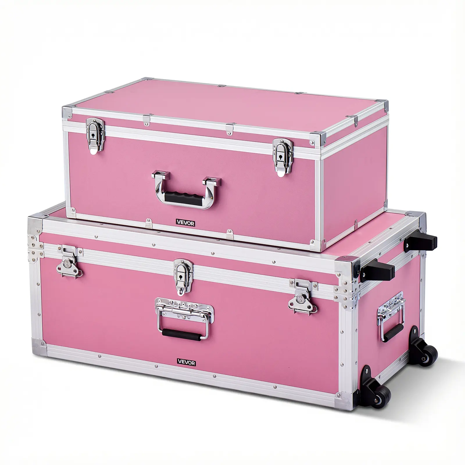 【summerfinds】VEVOR 2-Piece Durable Metal Storage Trunk Set, Traditional Wooden Home Decor Organizer Boxes with Lid, Dual Handles, 3 Metal Handles, Padlocks, Casters, Large Capacity (23.62x13.78x9.45in & 30.04x15.43x12.28in) for Women's Clothes