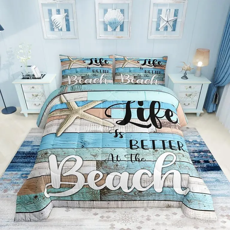 Beach Life Comforter Set,Cute Starfish Bedding Set 3pcs,Rustic Farmhouse Down Comforter for Kids Boys Girls Teens Room Decor,Retro Blue Wooden Plank Bed Set for All Season,2 Pillowcases