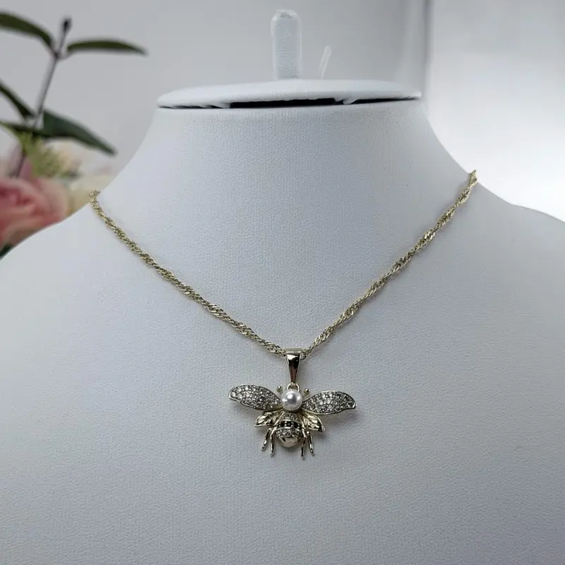(106) 14K Gold Plated Rhinestone Bee Pendant for Women with Elegant Chain - Perfect for Special Occasions