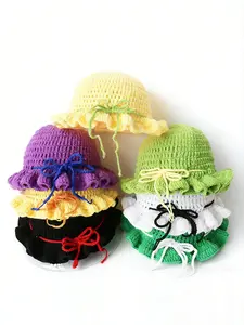 Unisex Crochet Bucket Hat with Bow Accent, Plain Color, Slim-Fitting, All Seasons, Cute Design, Two-Use Fisherman Cap