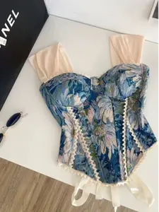 Women's Vintage French Lace Patchwork Knit Floral Print Strapless Top, Belted Waist Slim Fit Crop Top, Retro Chic Style Women's Clothing