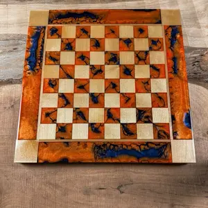 Vivid Orange Dark Blue Maple Wood Chess Checker Board (INCLUDES GLASS PIECES)