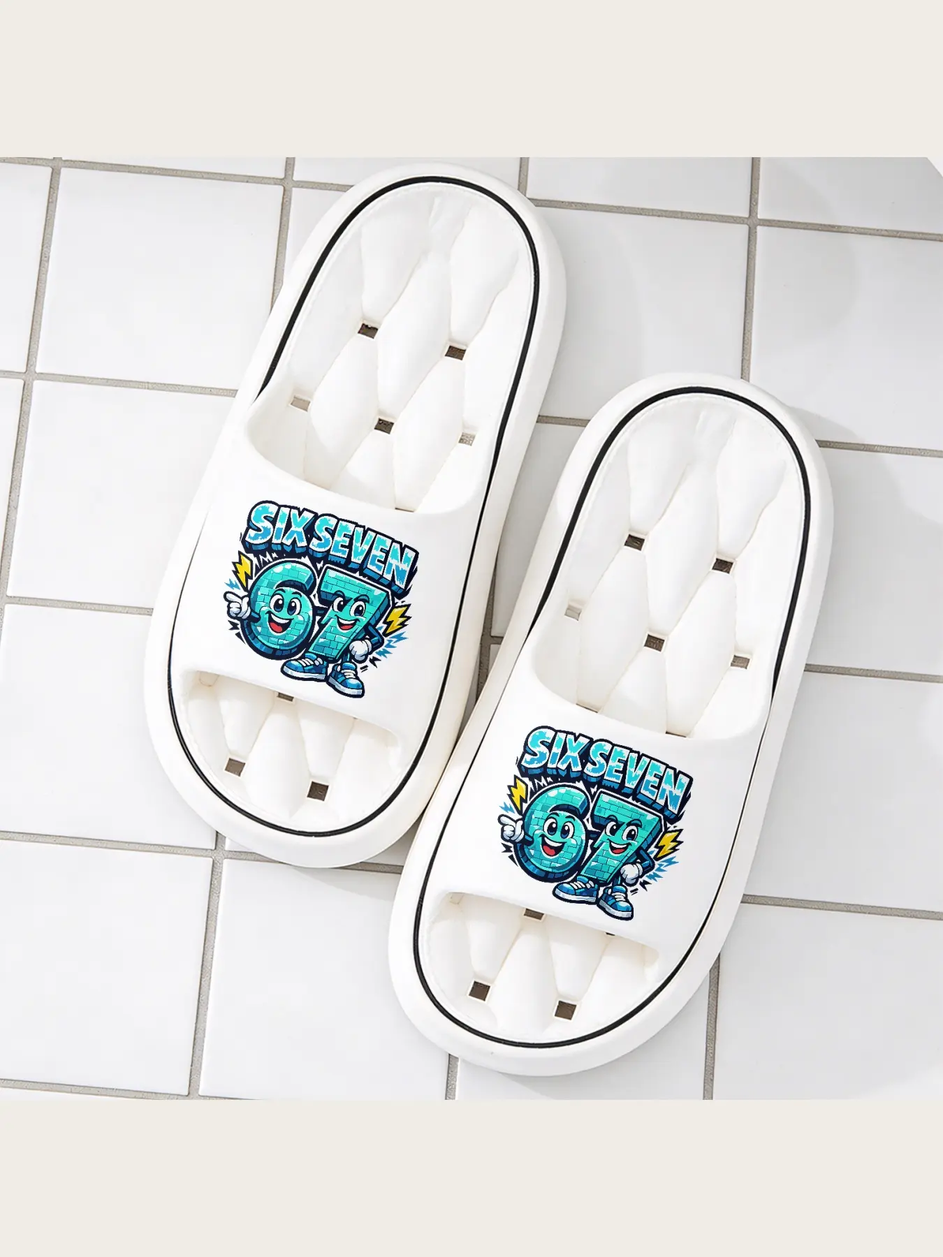 Six Seven Cartoon Graphic Slides, Casual Non-Slip Open Toe Slippers, Comfortable Lightweight EVA House Slides, Cute Smiling 6 7 Character Print Indoor Outdoor Shower Slippers, Trendy Street Style Slip On Beach Shoes For Men Women