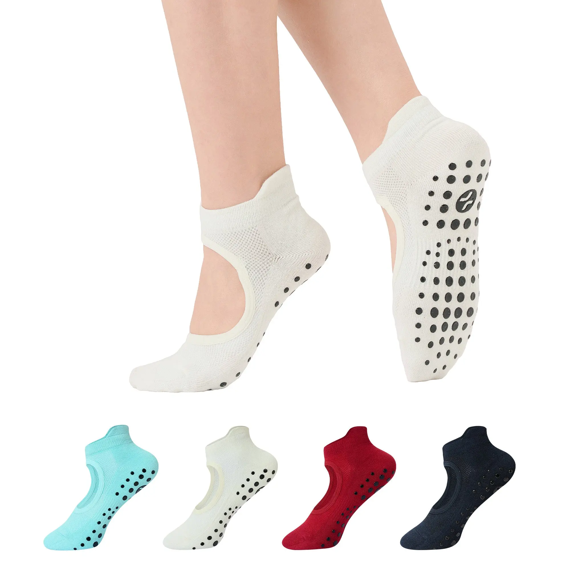CoolMate Pilates Socks with Grips for Women, Yoga Socks, Crew Non Slip Women for Barre, Pilates Gifts (A-03f. 4 Pairs Open Top Red/Navy/Cream/Light Blue)