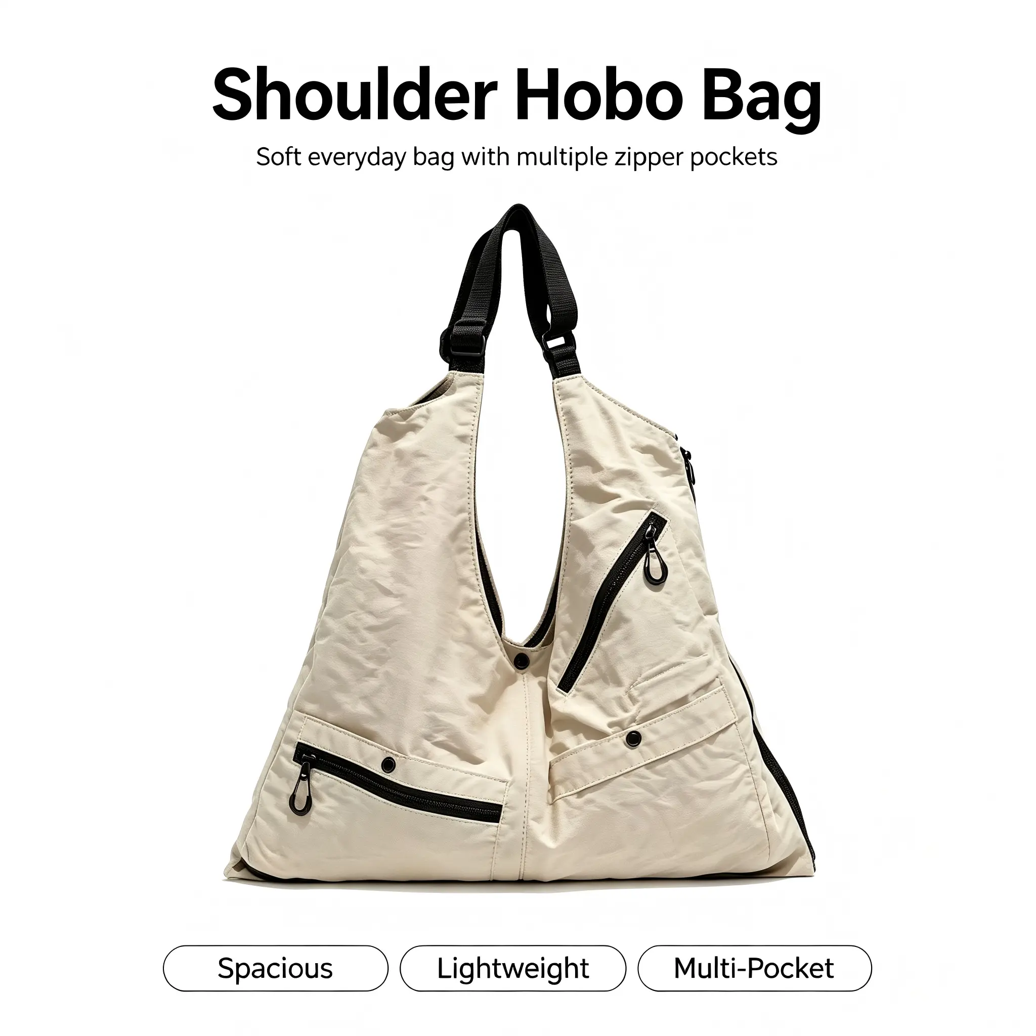 Cream White Utility Cargo Hobo  - Multi-Pocket, Large-Capacity Slouchy Dumpling Design - Casual Crossbody/Shoulder Option for Commute, Travel workout bag detachable strap