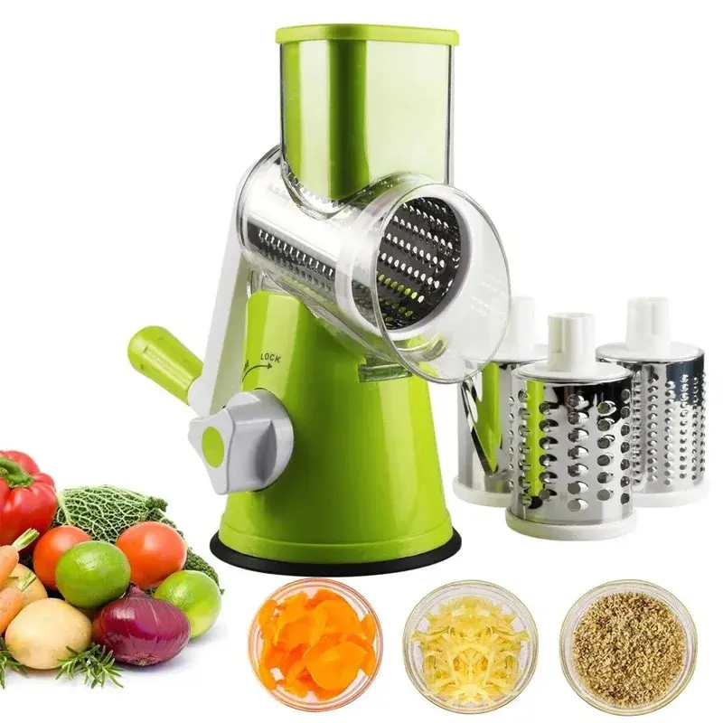 Manual Rotary Cheese Grater with 3 Drums, Vegetable Slicer, and Shredder (Mini Food Processor for Kitchen Use)