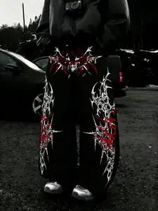 Men's Thorn Symmetry Loose Wide Leg Pants, Death Metal Print, Block, Soft Cotton Blend Fabric, Y2K Grunge Style