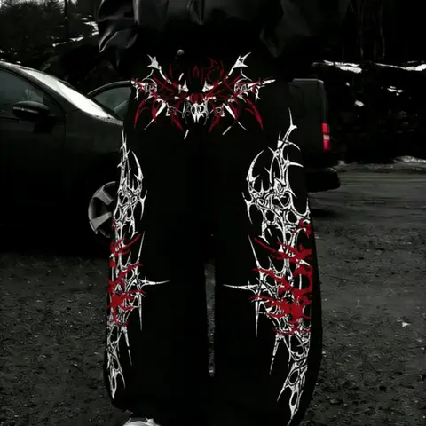 Men's Loose Wide Leg Pants, Baggy Casual Streetwear Trousers, Death Metal Symmetrical Thorn Graphic Print, Soft Fabric, Y2K Grunge Style