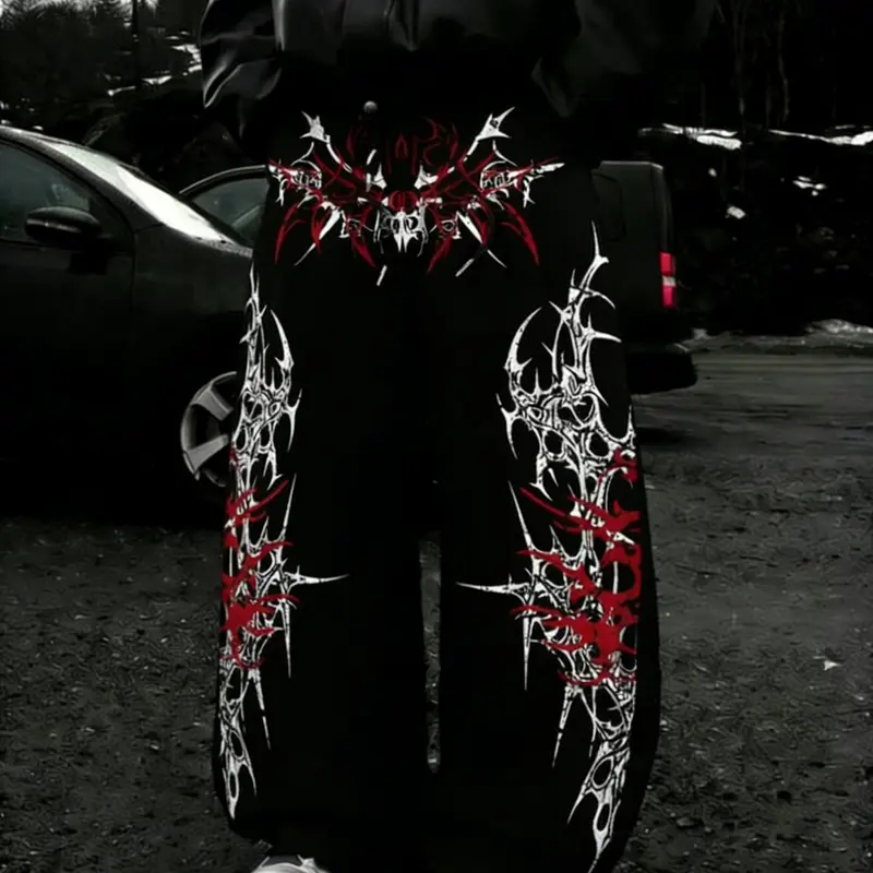 Men's Loose Wide Leg Pants, Baggy Casual Streetwear Trousers, Death Metal Symmetrical Thorn Graphic Print, Soft Fabric, Y2K Grunge Style