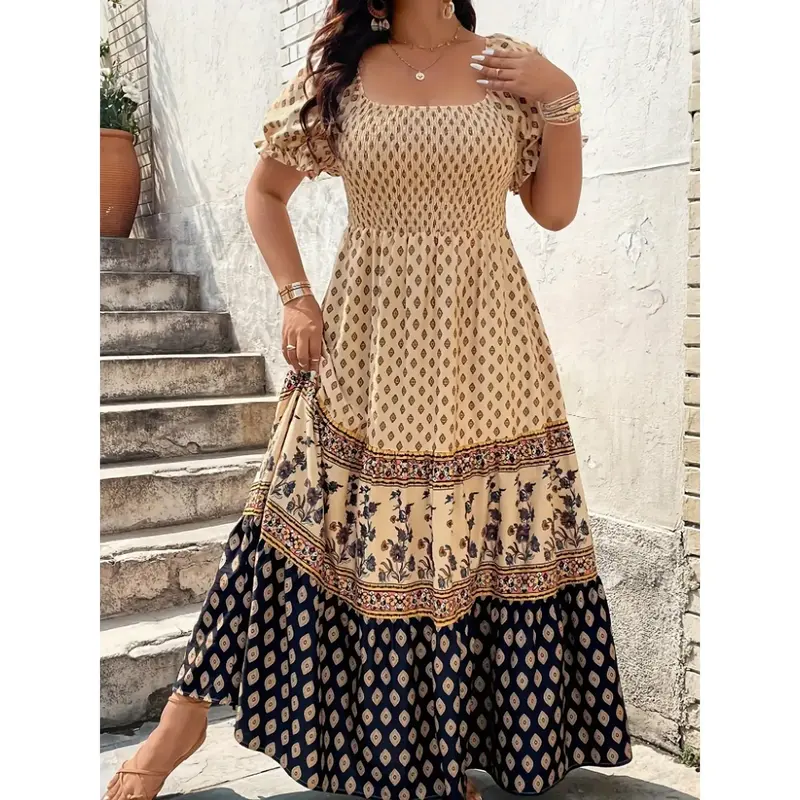chinese dress ladies Floral Print Green Polyester Kaftan Plus Size Dress for Women
