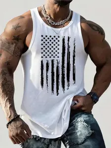 Men's Cotton Knitted Fabric Casual USA Flag Graphic Tank Top - Sleeveless, Summer, Halloween Undershirt