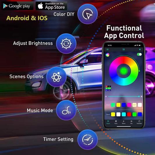 9-in-1 RGB Car Interior Ambient Light Kit – APP & Remote Control, Music Sync, Multicolor LED Lighting
