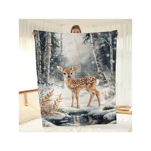 1pc Fawn & Forest Deer Print Flannel Blanket - Soft Quilted All-Season Bedspread With Fawn Fawns In Snowy Woods, Lightweight Warm Bed Cover For Couch, Travel, Camping - Cozy Foliage Fawn Bedding Accessory-30*40in