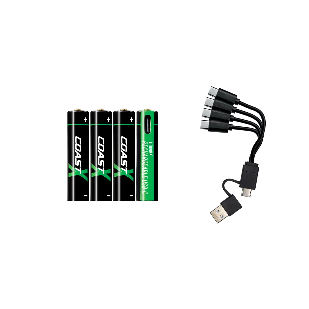 Coast AAA USB-C Rechargeable Batteries, ZITHION-X, Lithium Ion 1.5v 750 mAh, Long Lasting, Charges Under 1.3 Hours, Charging Cable Included Coast AAA USB-C Rechargeable Batteries, ZITHION-X, Lithium Ion 1.5v 750 mAh, Long Lasting, Charges Under 1.3 Hours, Charging Cable Included
