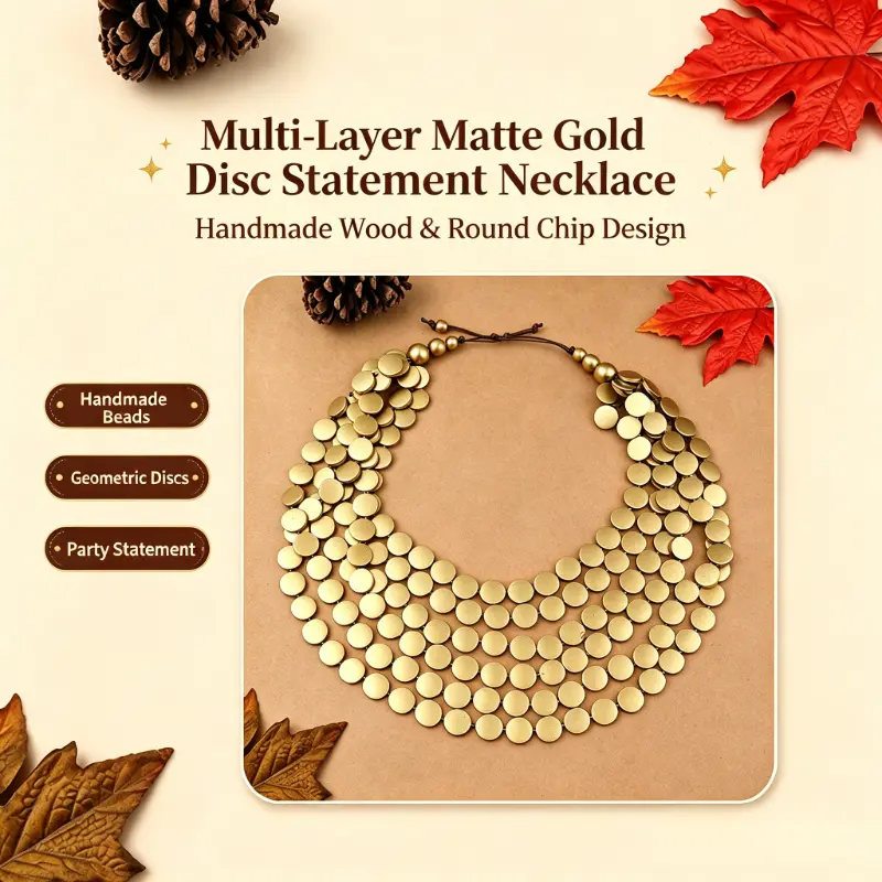 Women Handmade Multi Layer Round Wood Disc Necklace, Bold Long Statement Accessory for Evening Party