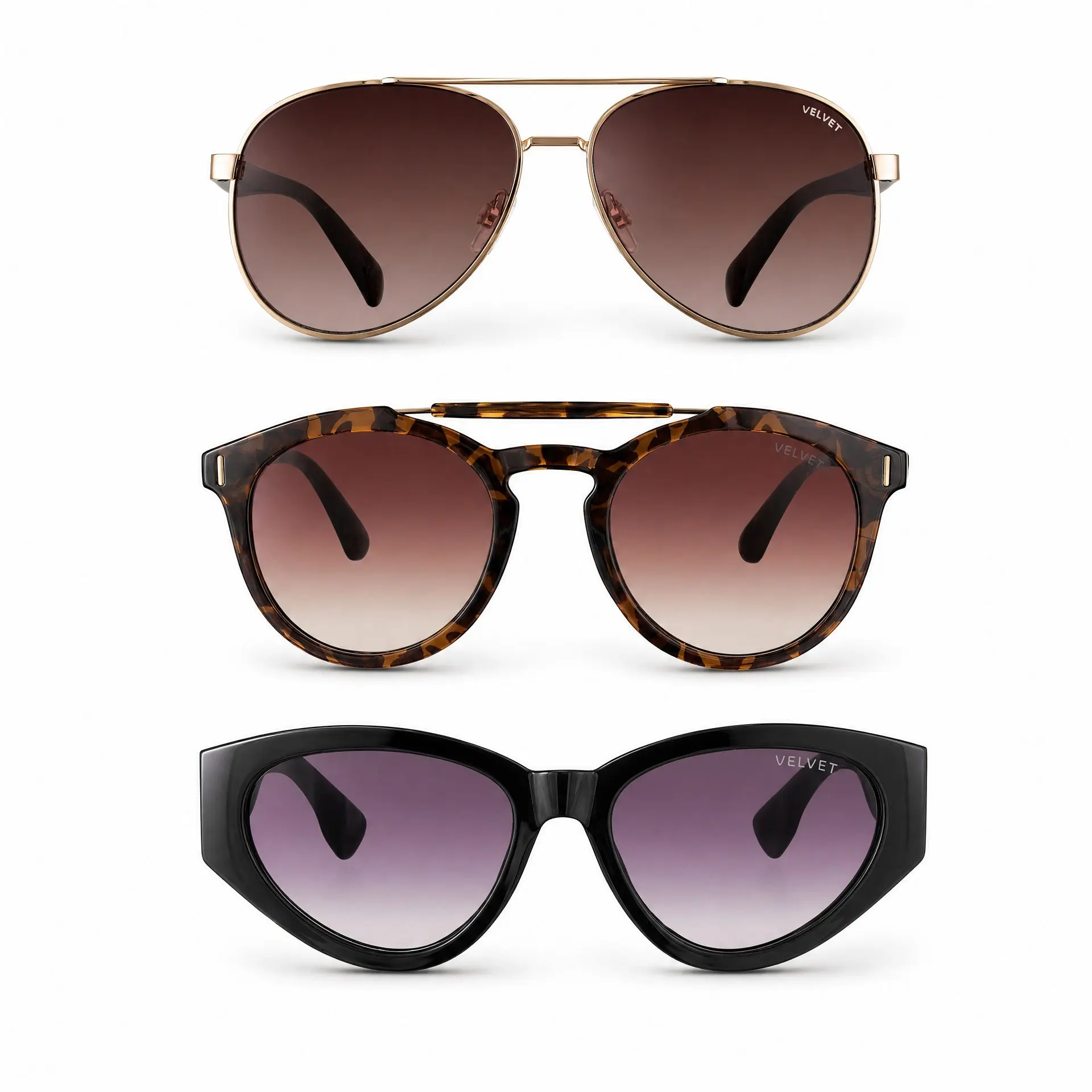 Velvet Eyewear Sunglass Style Box Oval Face Shape Edition with Bonnie Gold Amelia Tortoise & Rosa Black Options Chic Boutique Box & Microfiber Pouches