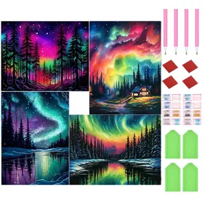 Aurora Landscape Pattern Diy Diamond Arts Colorful Painting Kit, 4 Counts/set Diy 5d Diamond Arts Painting Kit, Creative Crafting Wall Art Decor for Home, Crafting, Toys, Crafting, Handcraft Tools, Handicraft, Diamond Painting Kits